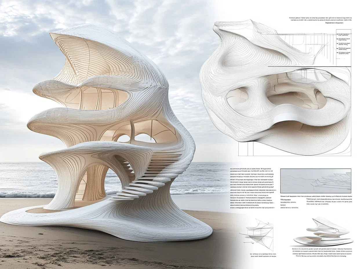 A design for an architectural pavilion inspired by the organic shapes of seashells, with curved walls and parametric patterns that mimic their textures. The structure is made from white, clay-like materials to reflect light and create depth in its appearance. The facade is made from a silk like material. It includes a central spiral staircase leading up into the upper floor, where there's a large window overlooking ocean waves. A detailed layout diagram on one side shows how it could be built using futuristic building techniques.