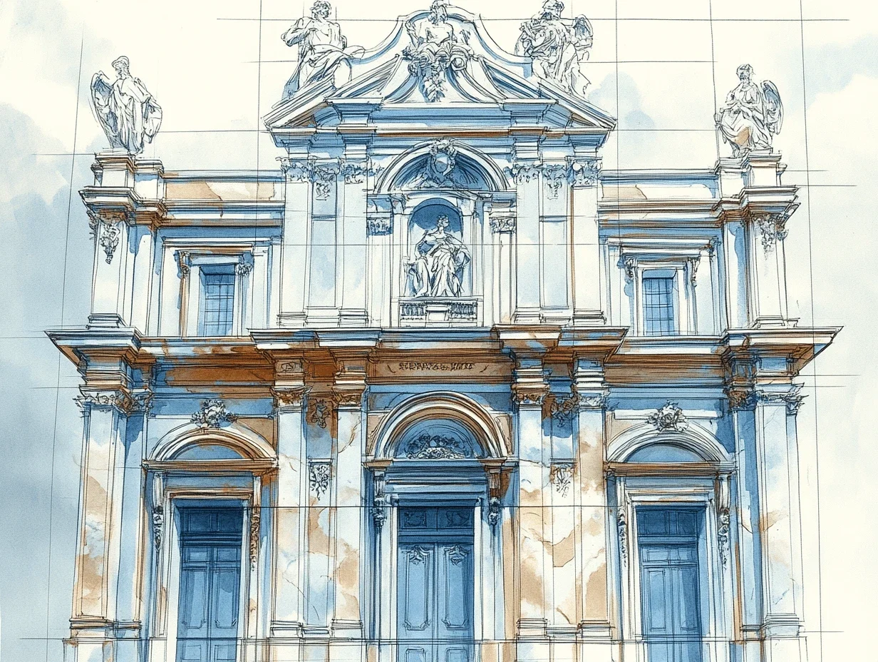 A detailed sketch of iconic Italian Baroque architecture, with bold, symmetrical lines and stone carvings. The colors could be muted greys and deep blues to maintain a strong, classic tone