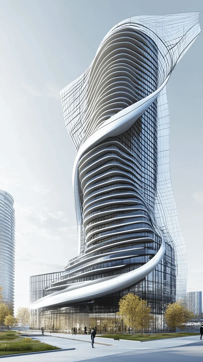 Futuristic skyscraper with a dynamic, curving design, featuring an asymmetrical form and extended metal fins along the facade. The building has a flowing appearance, with integrated architectural blueprint-style elements on the side, showcasing detailed technical sections and elevations. The setting is a modern urban environment with landscaped pathways, trees, and people walking. The overall presentation should be professional, with a blend of artistic rendering and technical architectural details.