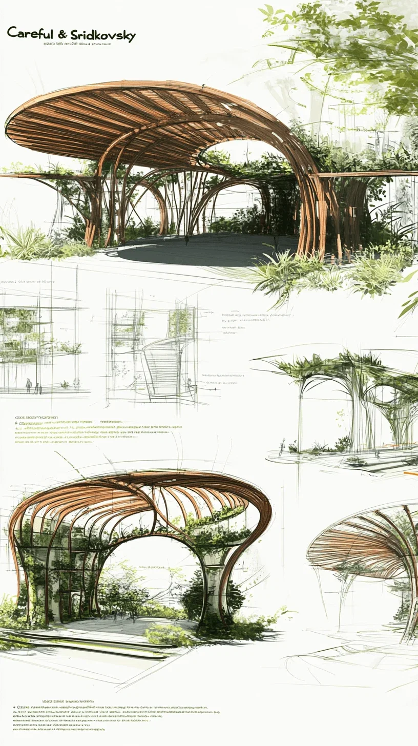 A page of architectural drawings with multiple sketches, featuring a green architecture design for an urban park pavilion. The design includes elements like floating arches and canopies made from wood structures, surrounded by lush vegetation. The sheet contains several designs in different stages of development, showcasing various perspectives or views of the structure. These drawings showcase innovative and sustainable building styles that seamlessly blend into nature's beauty, on a white background. The text 'Careful & Sridkovsky' is written in the top left corner.