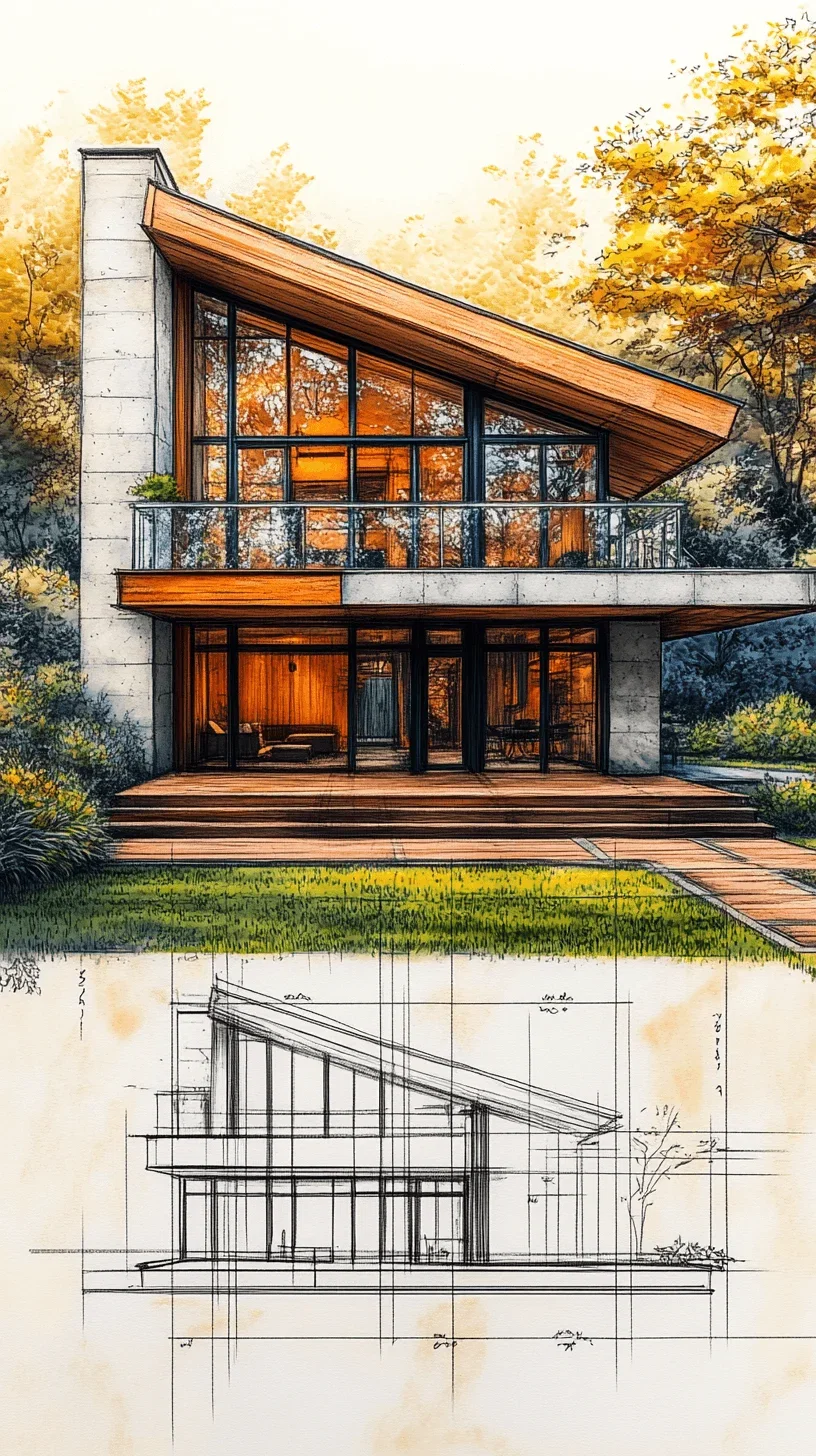 A sketch of an exterior architecture design for small house, made with marker pen and pencil, doodle drawing style, simple lines, hand drawn by human, black ink on white paper, 3D render model, perspective view, high angle shot, golden ratio composition, wood structure, wooden roof, green paint on the walls, surrounded by nature landscape. The design includes elements such as gable ceiling, windows, doors, stairs, terrace, staircase steps, garden, play area, basement.