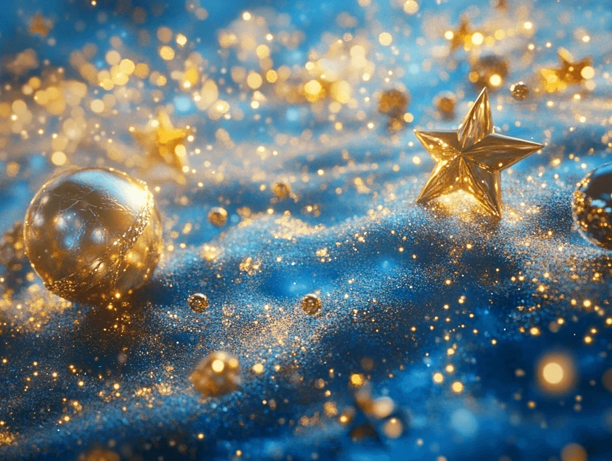 Background Scenery depicting a magical world, reflecting golden stars, planets and celestial wonders, blue background, hyper-realistic image