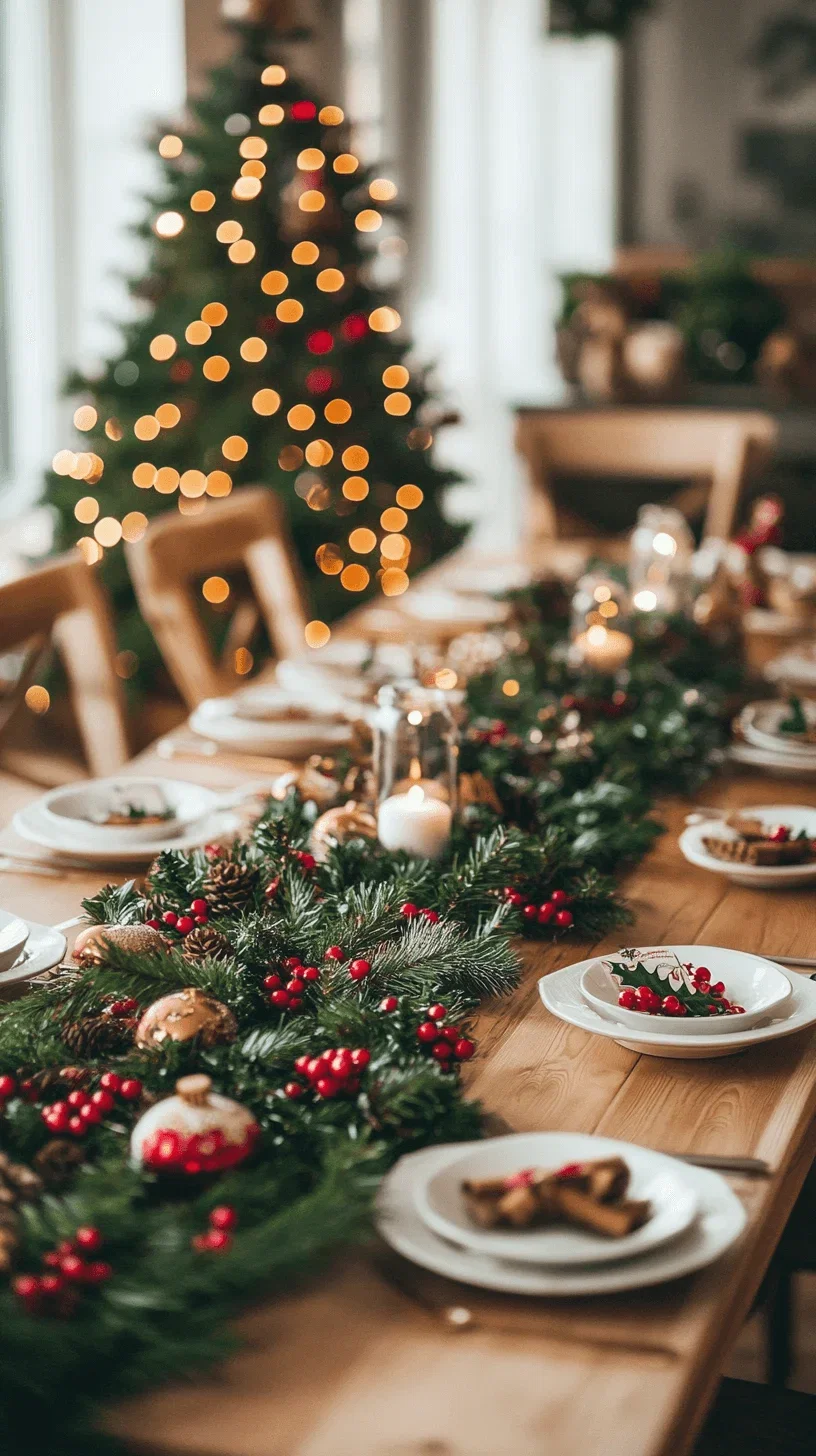 Christmas table runner decorated with holly, berries, and festive colors, draped over a wooden dining table.