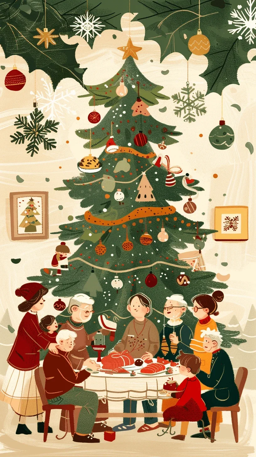 Create a 4K Christmas event poster with a warm, hand-drawn style. The poster should show elderly people and children gathered around a decorated Christmas tree. Use rich greens, deep reds, and soft golds. table with food and steak can be seen in the background, environment full of joy and laughter, Add simple festive elements like ornaments, snowflakes, and pine branches