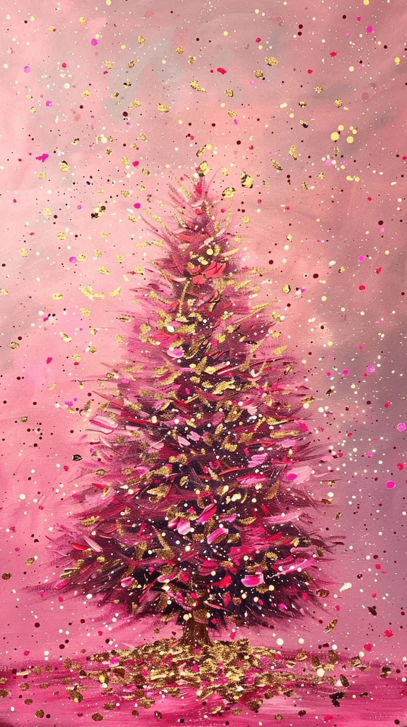 Stunning acrylic painting of a Christmas tree with confetti, in a pink and gold glitter palette.