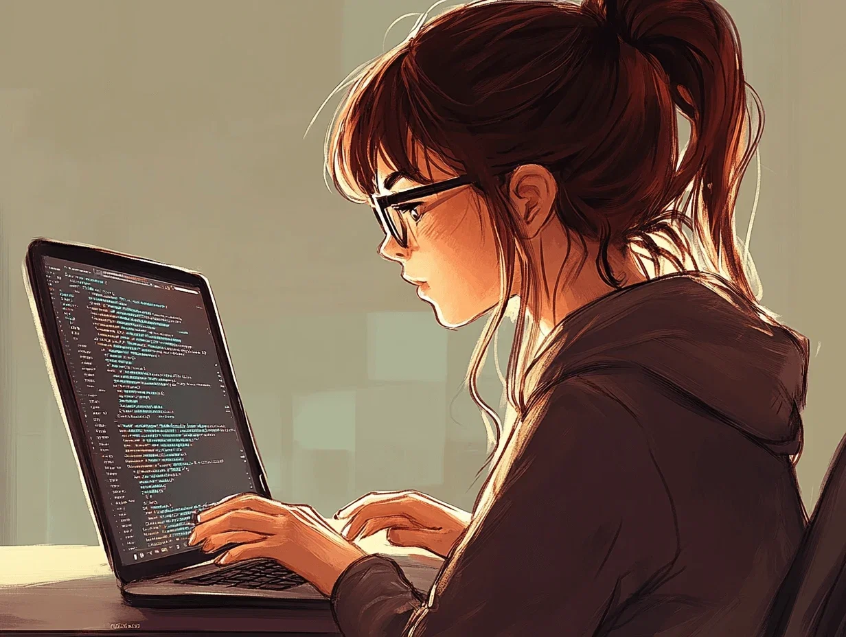 Draw a girl with brown hair, wearing glasses, who is sitting at a laptop and typing, on the laptop you can see how the programmer's code is being typed, the girl is sitting with her back to you