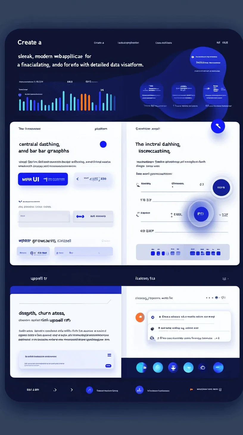 Create a sleek, modern web application interface for a financial planning, budgeting, and forecasting platform. The UI includes a central dashboard with detailed data visualizations such as line and bar graphs displaying MRR growth, churn rates, upsell trends, and retention rates. The color scheme is professional, with shades of blue and grey, and accented with hints of green for positive growth indicators. The layout is responsive, with sidebar navigation for quick access to customer records, billing, and Fortnox integration. Contracts and invoices are displayed in card formats for easy scanning. The design is minimalistic, focusing on clear data presentation with easy-to-read typography, interactive graphs, and intuitive controls for viewing detailed financial metrics. Ensure GDPR-compliant elements like secure access, user roles, and privacy settings are included on the profile page. Style similar to modern enterprise SaaS dashboards.