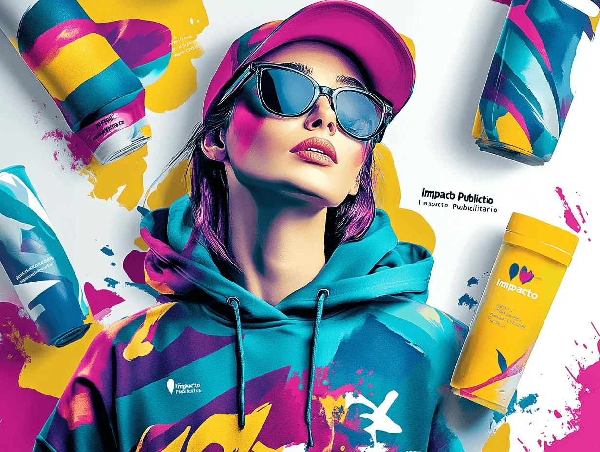 Cover design for a catalog of sublimated promotional textile items, featuring products like hoodies, t-shirts, hats, lanyards, banners, and displays. The cover should project a professional and modern aesthetic, using vibrant cyan, yellow, and magenta to highlight the versatility and creativity of sublimation printing. In the center, showcase a selection of the products with unique, eye-catching designs in these colors. The background is clean with subtle graphic elements representing printing and sublimation. The company logo, 'Impacto Publicitario', and catalog title are positioned at the top in a sleek, readable font. The cover should convey quality, creativity, and customization in each item. Super atractive woman