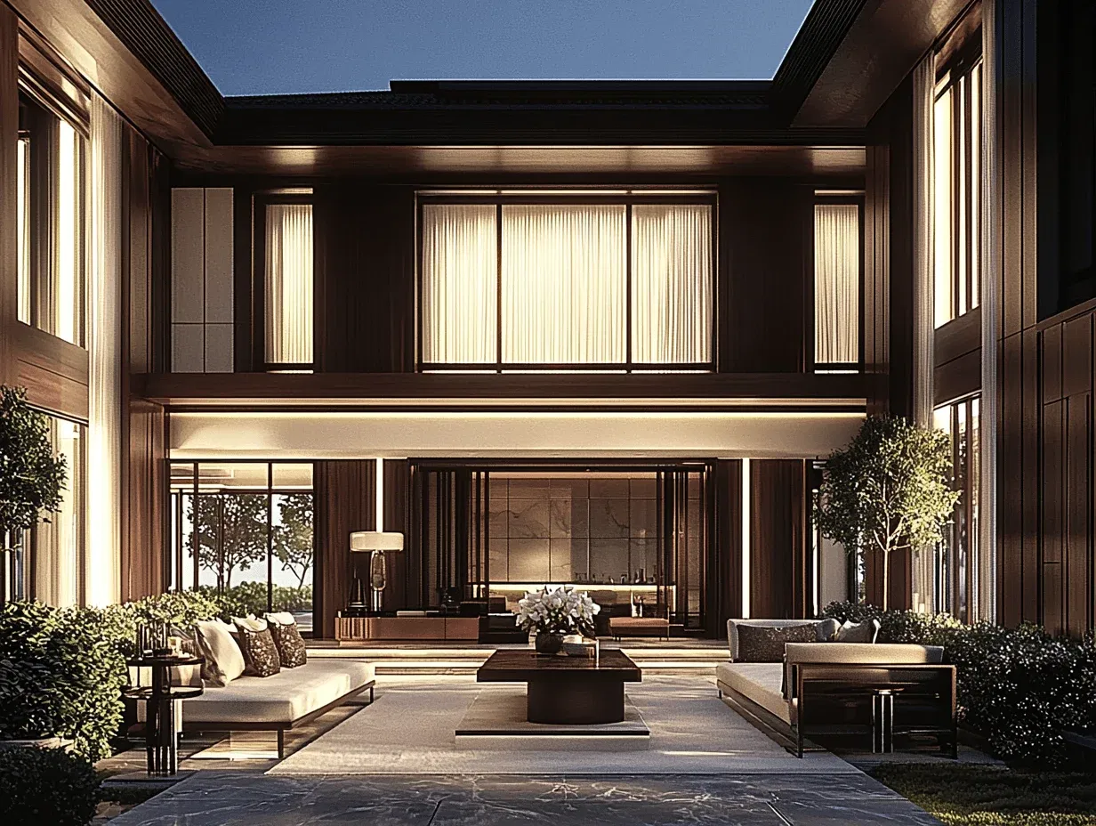 Interior design, new chinese minimalist style, high-end villa, dark tones, front viewpoint