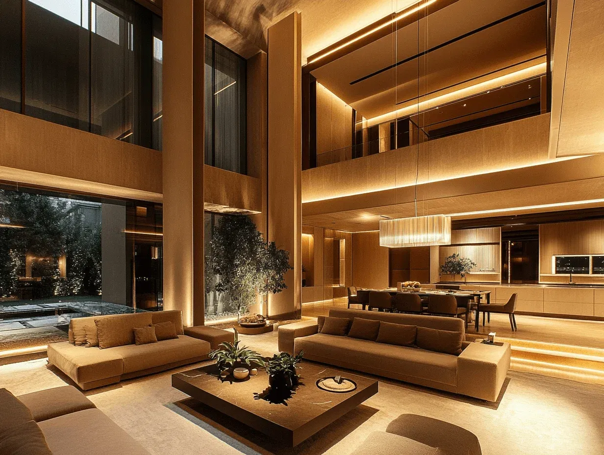 Top double-height space mansion villa living room, high ceiling, designed in kengo kuma style, armani adopts minimalist style, elegant simplicity, warm lighting, movie stills, open kitchen and dining room, warm-colored sofa, coffee table, interior gold decoration is very spatial