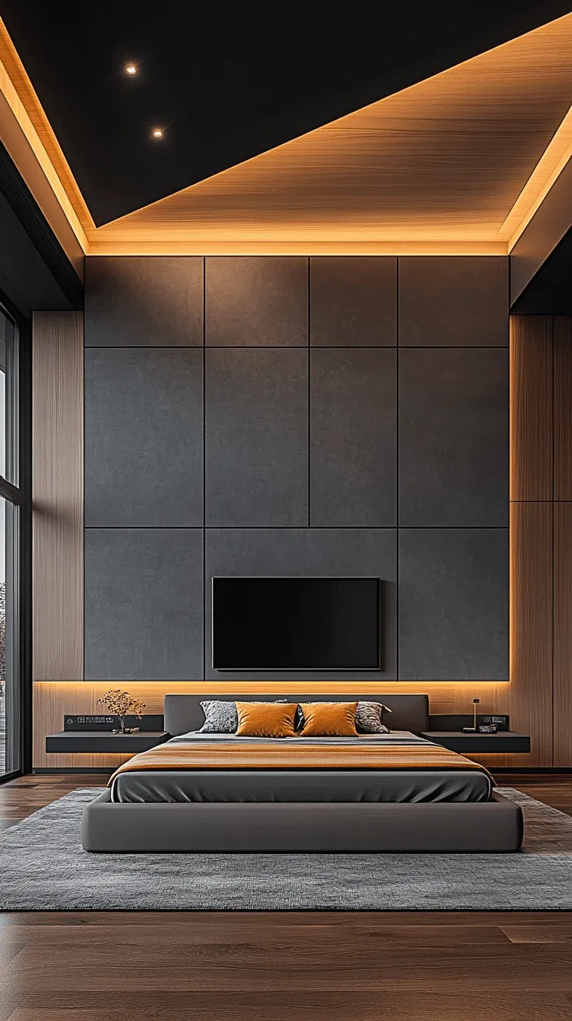 Bedroom feminist modern design, full headboard height, TV set in front of the bed surrounded by two four doors closets, elegant design, grey color shades