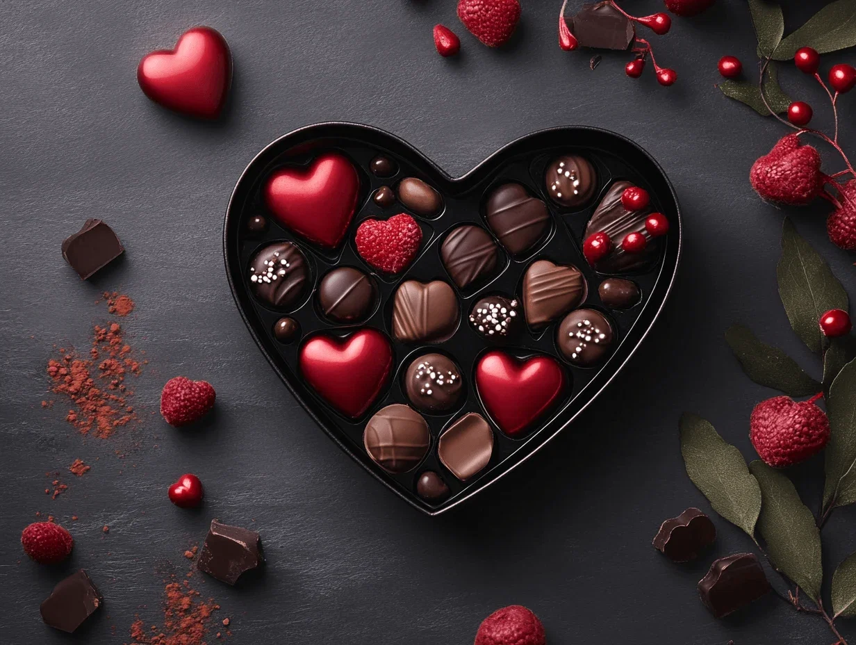 Heart-shaped Valentine's Day chocolate box revealing assorted products, top-down view