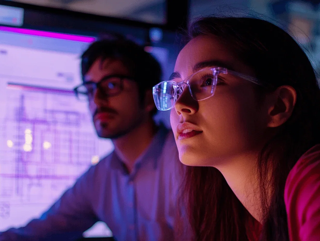 Engineers discussing blueprints, tech-savvy and focused, evening, high-contrast, digital color, DSLR, 50mm prime lens, crystal clear details