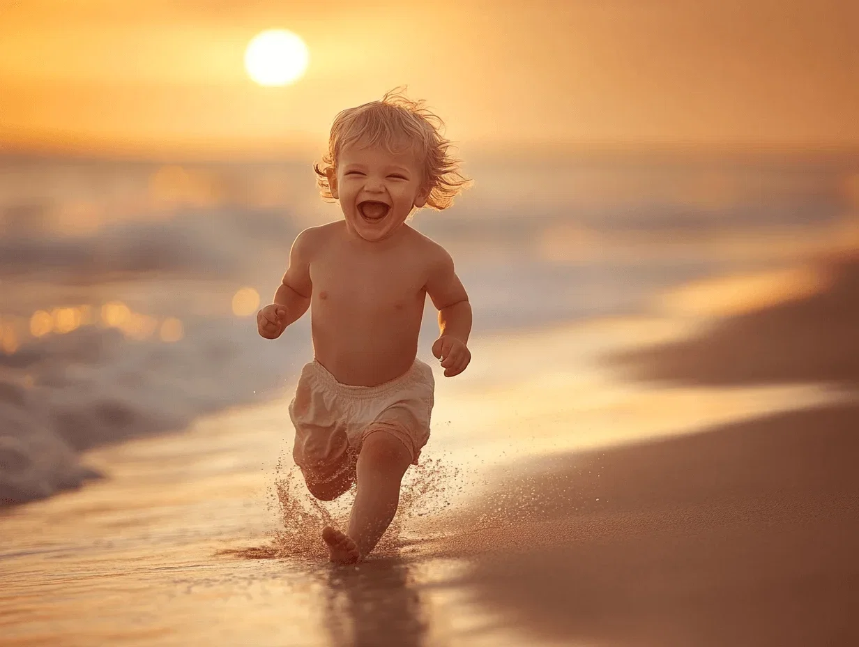 a little boy running on the beach laughing, he looks happy, real photo