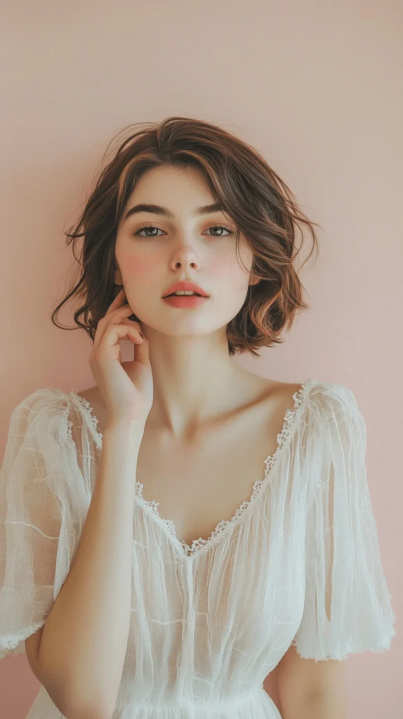 A young woman, fresh and natural, European features, a slight smile, touching her cheek, looking directly at the camera, wearing a white gauze dress, full body shot, simple style, solid color background, ultra high definition