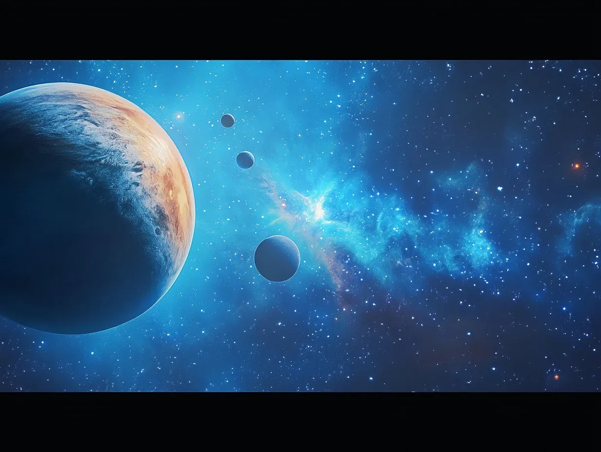 A realistic photograph of the universe with several planets and stars, in space, with a blue background and a blue sky. A large planet is on the left side, and a smaller one is on the right. A nebula is in the center, and some small spheres are floating around.