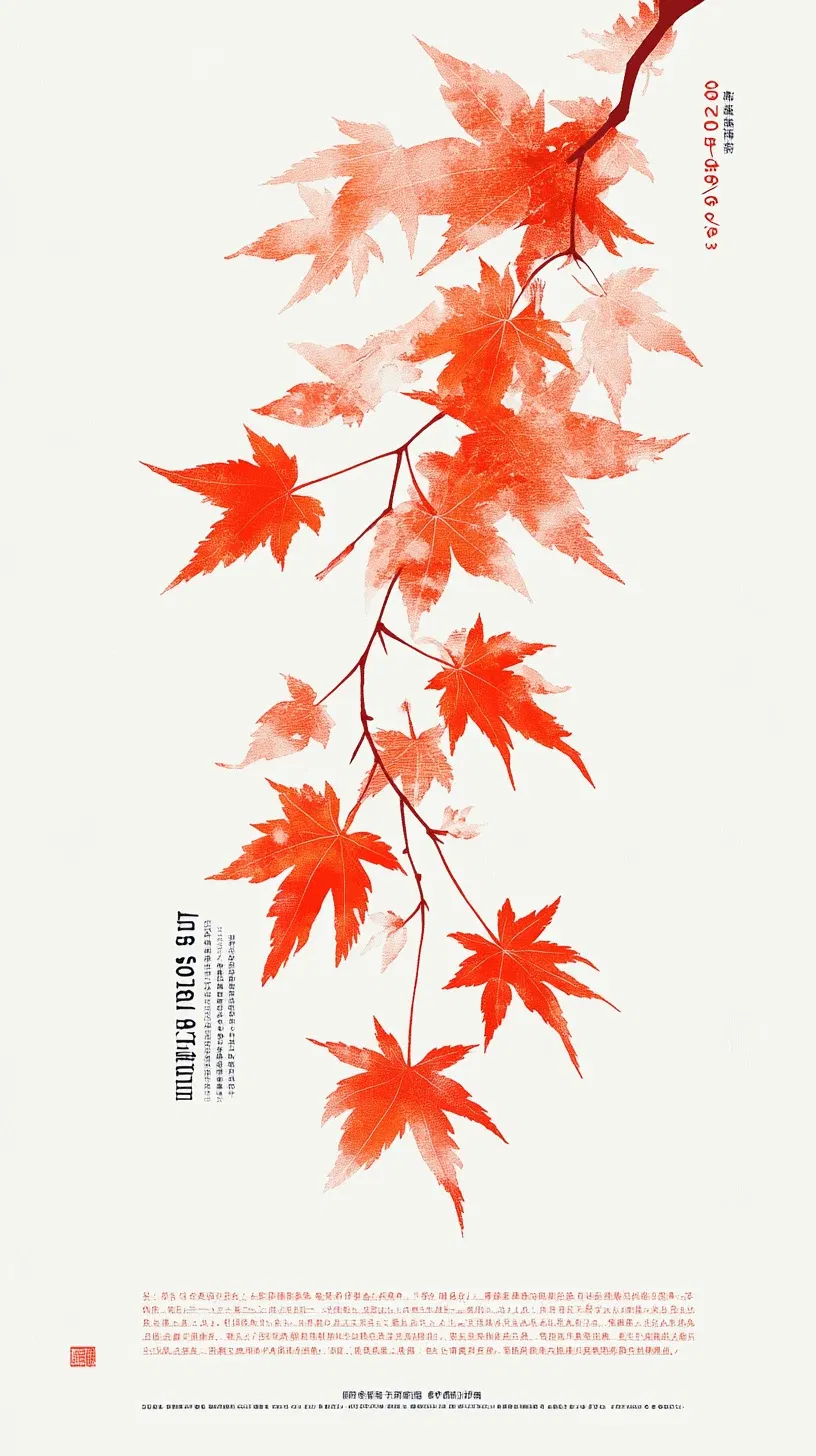 A poster with the words '2024/9/3 The solar signal of autumn' on it, featuring an illustration in the style of maple leaves and frost. It is minimalist in design, with a light red as its main color tone. In the Mid-Autumn Festival season, there will be high-definition photographic images. A white background has been added to create a sense of space. Text layout techniques have also been used. There is still some free blank area at the bottom for additional text.