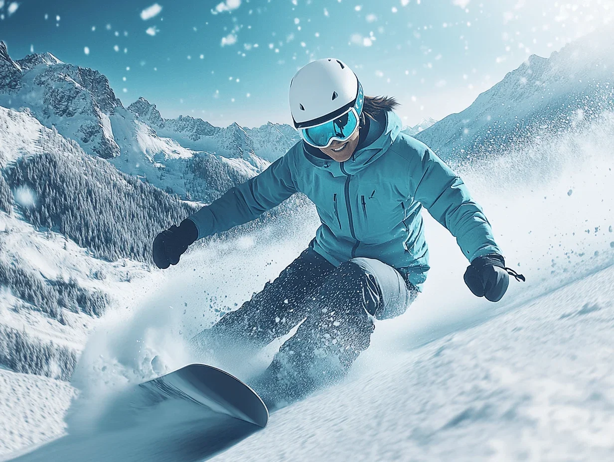 A snowboarder in a light blue jacket and white helmet is riding down the mountain, with a deep powder trail behind them. The scene captures their dynamic motion as they race through the snowy landscape against a backdrop of majestic mountains under clear skies. The high-speed photography style emphasizes action and speed, with sharp focus on details like textures and facial expressions.