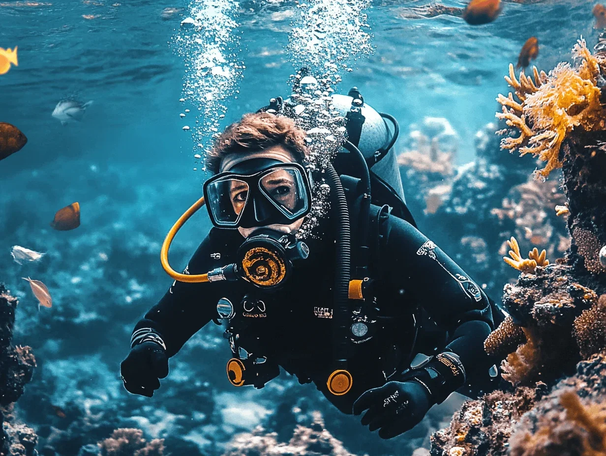 Underwater portrait of a diver exploring the sea world