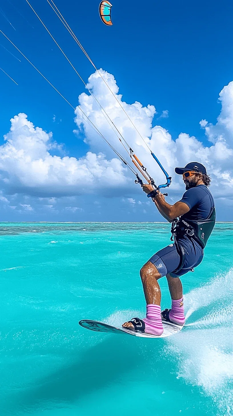 A photo of an athlete kitesurfing in the Caribbean, with a blue sky and turquoise water. The wind is blowing from left to right across his face as he holds onto the kite string while holding onto one side of his board for balance. He's wearing navy wetsuit pants, white shorts underneath, pink striped short socks, a black baseball cap worn backwards, and orange windsport goggles hanging around his neck. The kite is flying high above him. It's a sunny day with fluffy clouds in the background.