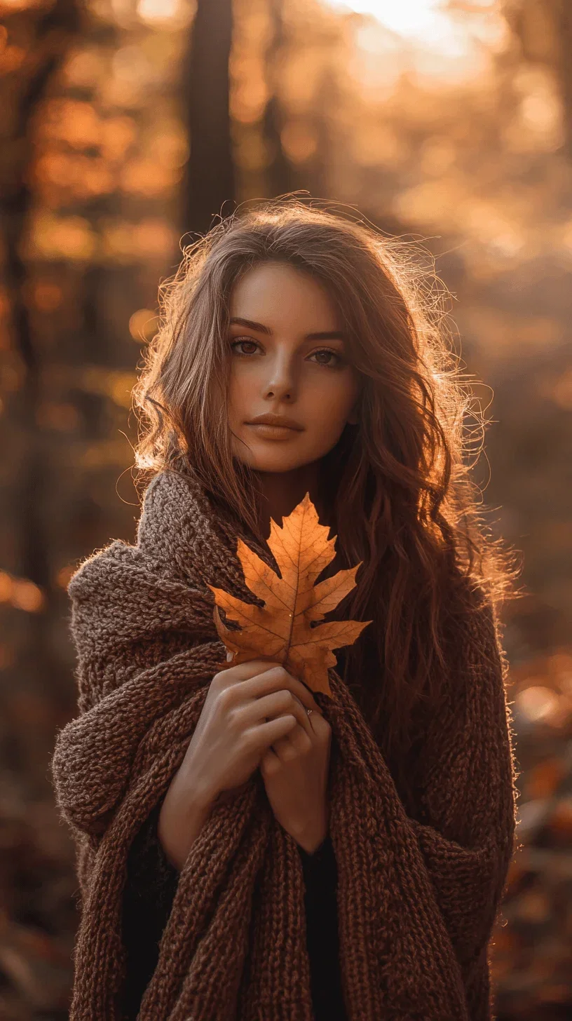 a beautiful 25 years women, autumn clothes, Full body. In a forest , hold a leave, great light, breathtaking bokeh, in style of celebrity photography