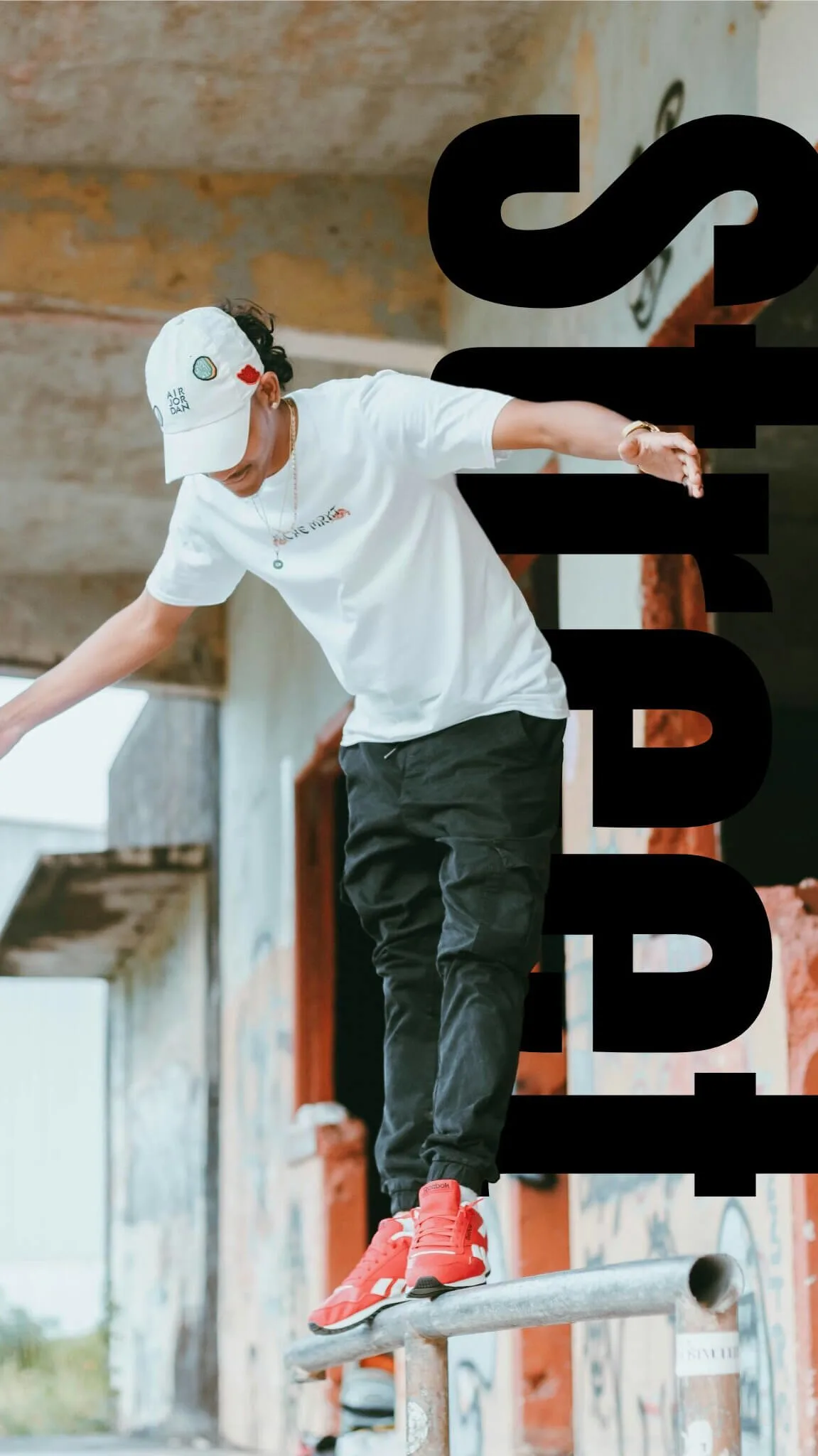 Street style outfit, standing on a rail